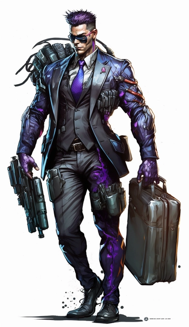 Cyberpunk Security Agent, muscle body, ninja weapons, mysterious, waring suit, badge on the suit, deadly gun in hand , holding a briefcase , full-body, black + blue + purple + red colored clothes, big smile, clip art, white background, watercolor, hyperrealism, high detail, individual elements, invincible--q 2