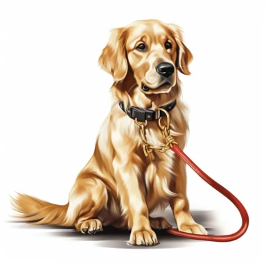 A clipart of a Golden Retriever sitting obediently with a leash in its mouth, ready for a walk, crafted on a white background.