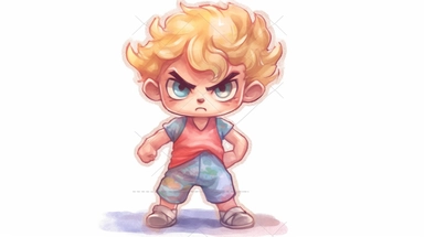 A boy, angry, making a fist: 2, legs, shoes, standing, curly hair, blonde, 5 years old, watercolor clipart, full illustration, 4k, sharp focus, watercolor, smooth soft skin, symmetry, soft lighting, detailed face , concept art, watercolor style, strybk, kids style fairytale, chibi kawaii, . Octane rendering, 3d, perfect face, detailed face, delicate face, perfect sharp lips, detailed eyes. Craig Davison, Aubrey Beardsley, Conrad Roset, Aikut Aidogdu, Agnes Cecil, watercolor style