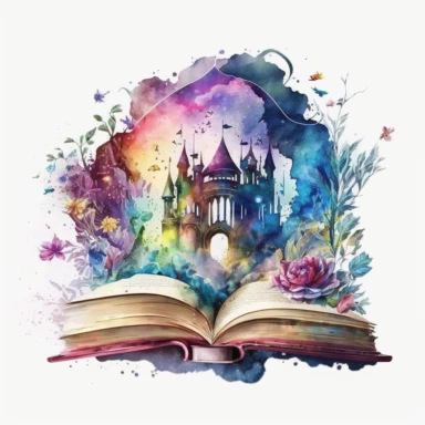 Watercolor Fantasy Books Clipart, Open Book Clip Art, old books, Magic Books, hd, in the style of technicolor dreamscape,on white background, no text, magical, flowers, castle, house