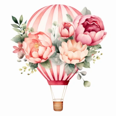 Stunning watercolor hot air balloon with flower clipart, white background