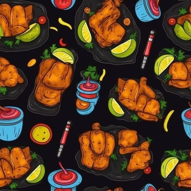 A Seamless pattern of Tandoori Chicken and Kabab and Grills in style off pencil drawings on black background, UHD, food clipart, vector illustration clipart