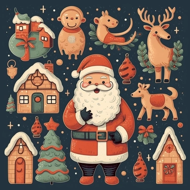 Design a range of Christmas-themed clip art, including iconic elements like Santa Claus, reindeer, snowflakes, ornaments, Christmas trees, and holiday wreaths. Infuse the illustrations with warmth and joy to capture the spirit of the season.