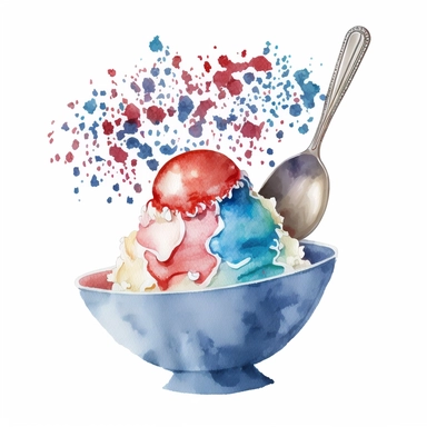 red white and blue shaved iced bowl with spoon clip art watercolor illustration white background no text