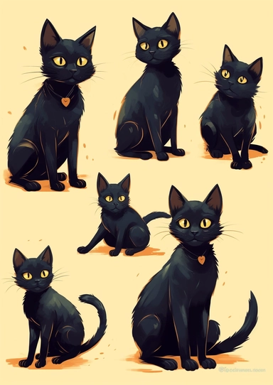 a clipart set of cute happy friendly curious black cats in different poses, vintage illustration style, vintage colours