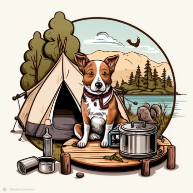 A clipart illustration of a dog sitting in front of a tent, with a camping stove and cookware set up nearby. Its facial expression is content, as it enjoys the smell of food cooking. The dog is wearing a collar and leash, and there are trees and a river in the background.