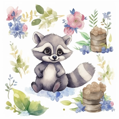 An enchanting and lively set of watercolor clipart showcasing a cartoon-style baby raccoon in a woodland nursery setting. The artist masterfully illustrates the raccoon's adorable features, soft fur, and playful expressions using a fluid, cartoon-like style in the watercolor medium. The nursery setting comes alive with forest elements like lush foliage, colorful wildflowers, and friendly woodland animals, creating a sense of fun and natural beauty. These captivating clipart elements are ideal fo