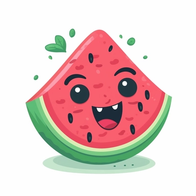 A lovable animated watermelon in a cute clipart style, capturing its iconic shape, juicy texture, and appetizing colors. The watermelon is placed in a 1:1 aspect ratio with a clean white background, making it ideal for use in digital projects, scrapbooking, or as a fun sticker or icon. Clipart, digital illustration,