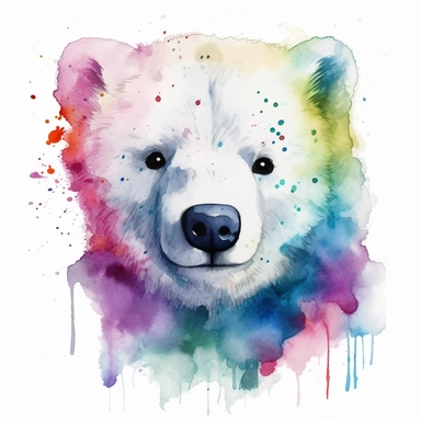 please create watercolor clipart of a baby arctic polar bear facing to the right and smiling, face close view, colorful