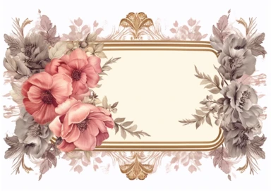 vintage inspired printable rectangle label with intricate sepia colored borders and hand drawn details. detailed with soft watercolor flowers. No text. Isolated clipart on solid white background