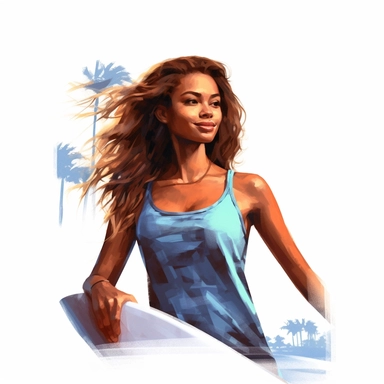 beautiful stunning pretty young surfer hawaiian woman , paint art style, clipart, white background, superrealistic, one of a kind