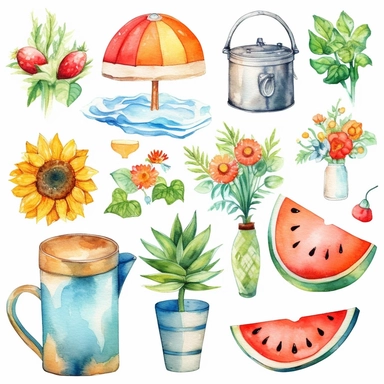 watercolor summer elements, illustrations clipart set, simple, cartoon elements, different variants, separate elements with a margin