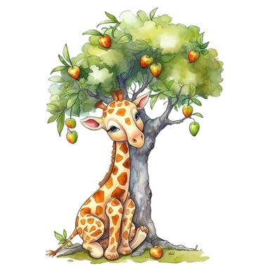 clipart with white background, a cute baby giraffe eating from a tree, clearly defined separate image, high quality--ar3:4-no mockups, watermarks, numbers, writing, letters--q2--v5.1--s1000