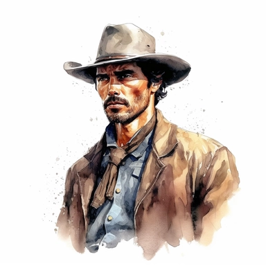 beautiful stunning handsome vintage cowboy man, tarot style, paint art style, clipart, white background, superrealistic, one of a kind