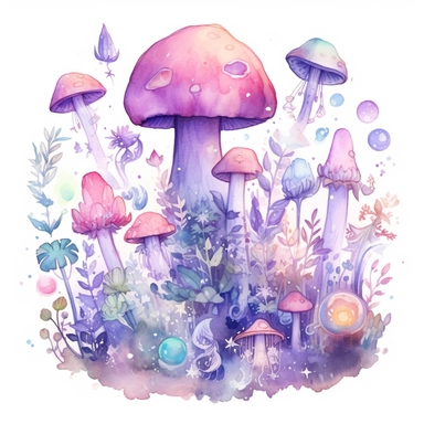 Watercolour Magic Mystical Mushrooms clipart watercolor style , dreamy color, anime style, ghibli , trippy , planet , stars, epic, flowers, Phantasmal Iridescent