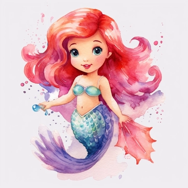 Toddler princess ariel cartoon watercolor, with her mermaid tail, round face delicate her long hair sharp and detailed her outfit like the original princess, character should be well drawn with soft tones a very clear smile confident and a head lightly painted in watercolor the character is a one year old baby should be on a white background clipart