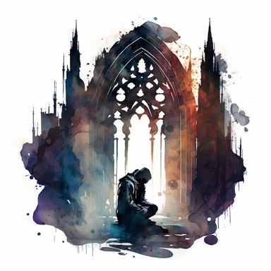 A haunting gothic cathedral with stained glass windows depicting twisted creatures, eerie candlelight casting ominous shadows, a solitary figure kneeling in prayer, Magical gothic watercolor clipart, painted with black ink and watercolor, white background, spaced out, fantasy