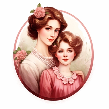 cameo clipart, mom and teen daughter, white background