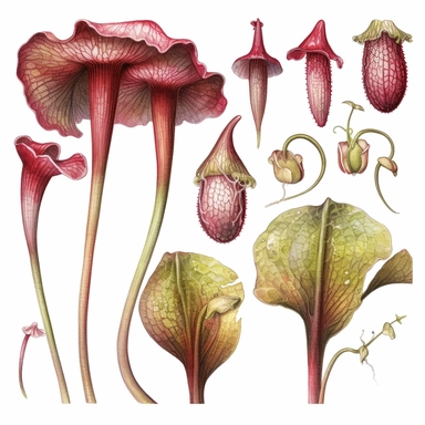 Clipart, vintage, watercolor, Sarraceniaceae, carnivorous plant, botanical illustration, hand drawn, texture
