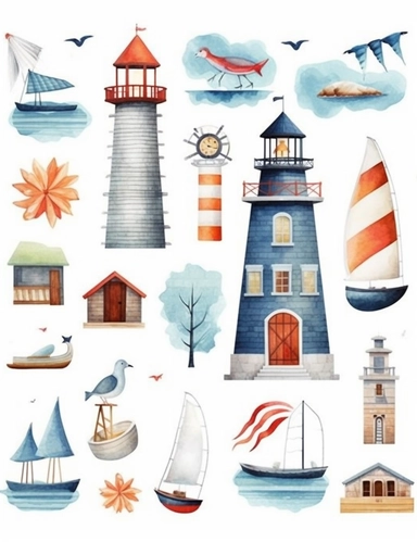 Isolated white background, sticker sheet, multiple items, spaced out, Watercolor Coastal Decor Clipart Summer Seascape Nautical Beach interior Lighthouse clip art Summer Wooden Sea Decor Fishing net