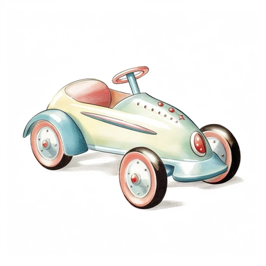 Vintage Hand painted pastel clipart of a pull along toy car in the style of vintage nursery kitsch Lefton, retro midcentury 1950’s, white background, contour