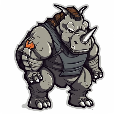 clipart sticker of Rhinoceros mutant, hulking, strong, durable, aggressive, loyal, dim-witted, muscular, grayish skin, large horn, black vest, armor pieces, combat boots, fingerless gloves, menacing, powerful weapons, manipulated easily, comedic element.