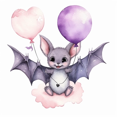a delightful watercolor clipart image with a white background and white margins, portraying a baby bat clutching a heart-shaped balloon with its tiny feet, floating in the air. The ultra-detailed, hand-drawn elements capture the cuteness and charm of the baby bat, as well as the whimsy of the balloon. Use pastel shades of pink, blue, and purple to create a visually appealing and heartwarming image that conveys love and joy.