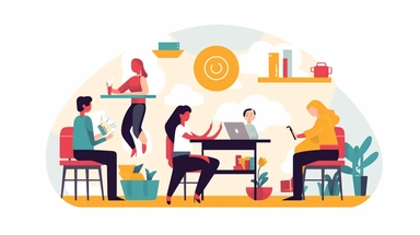 Against a pure white background, depict a worker in a well-designed workspace. The workspace should include ergonomic furniture, adequate lighting, and safety equipment. In the background, coworkers are seen interacting positively, indicating good workplace relationships. Also, include symbols of balanced workload and flexible work hours. The image should be designed in a clipart style, with bold outlines and vibrant colors to highlight the elements of a healthy work environment. The image shoul