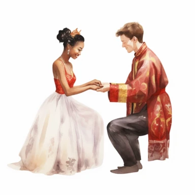 African bride and Chinese groom, exchanging wedding rings, joyful and excited expressions, watercolor, Pixar style, Clipart on a white background.