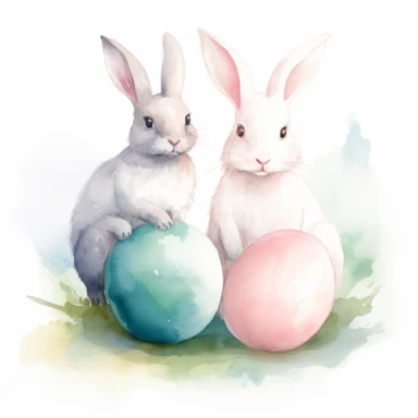 Create a watercolor clipart of two spaced-out bunnies sitting next to an Easter egg, with a fully white background that does not contain watercolors. The medium should be watercolor, giving the bunnies and Easter egg a soft and fluid look. The style should feature gentle brushstrokes and pastel colors, capturing the delicate and whimsical nature of bunnies. The lighting should be soft and diffused, conveying a sense of warmth and comfort. The color palette should be light and airy, using soft pa