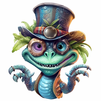 COMIC/CARTOON fantasy magical wacky dragon ,large eyeglasses, hats, muted colors, swirls, twists, twirls, metallic, glitter, stylized, funny, centered, airbrushed, digital oil, detailed illustration, clip art, cartoon, 8k, ar 9:8