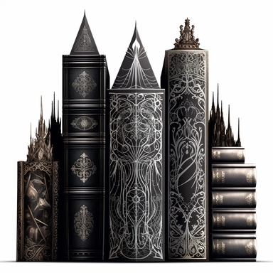 Create an impressive clipart of a clean, dark wizard's book stack on a pure white background. The design should incorporate elements of the gothic and fantasy genres, with dark hues and ornate designs on the books' spines. The lighting should be moody and shadowy, with a focus on the intricate details of the books' covers. The book stack should be perfectly symmetrical to create a sense of order and balance. Use a macro lens to capture the intricate details of the books' designs and play with th