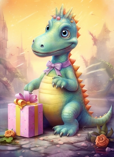 cheerful dino with bithday present, clipart for a bithday card, soft faded colors, realistic, art for children