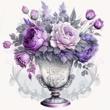 beautiful bouquet of purple flowers in crystal vase, romantic, shabby chic, ethereal. clipart style