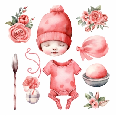 Newborn Baby Girl clipart set.Accessories for a newborn. baby girl.Watercolor hand painted illustrations isolated on white background