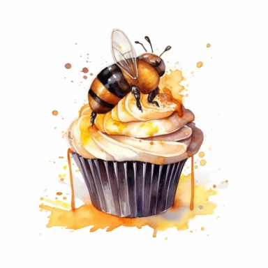 delicious cupcake with honeycomb and bee, watercolour illustration clipart, extremely detailed, 4k, high quality, colour scheme black, gold and white , , isolated on white background - <@1098423716465102849> (relaxed) - <@1098423716465102849> (relaxed) - Image #3 <@1098423716465102849>