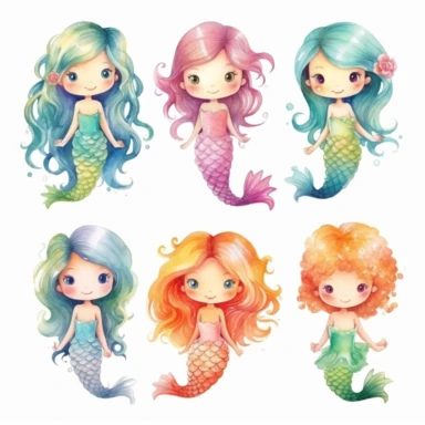 very simple watercolour childrens book style drawing of different isolated happy cute mermaids , pastel colours soft on white background for clipart, 8k