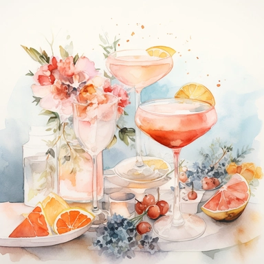 dreamy realistic watercolor flatlay of martini, paloma, aperold spritz, and citrus drinks at a bar during the summer at restaurant in the city with floral arrangements, purses, lipstick, floral arrangement, during golden hour, bright and light pink, pale peach, fade to blue boho style, muted color palette, white background, isolated on white, 8k, high detailed
