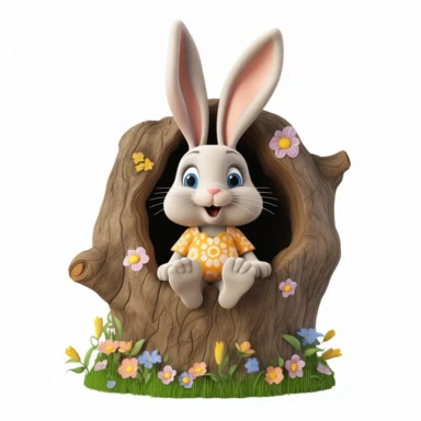 adorable bunny with bright eyes and a curious expression. peeking out from a cozy hollow in a tree trunk, surrounded by moss, mushrooms, butterflies Fairytale Cartoon Art Style, Full Body Image and Appearance, 3D-Designed Character, in style of clipart with no background