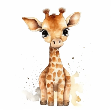 an animated baby giraffe with kind eyes clipart with watercolor illustration,full body shot,8k,etsy style, white background