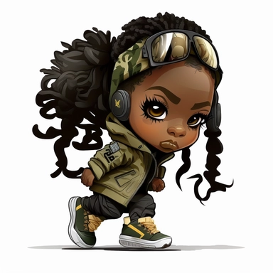 Black hip hop chibi athletic girl png clipart, camo color black hip hop runner girl, African American track girl, 3d, white background