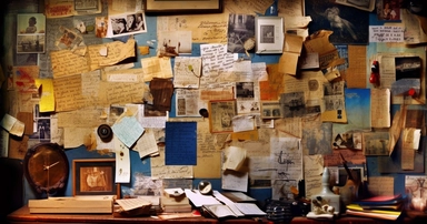 color photo of an Investigation Board full of old and new pictures and notes, close-up of one corner, unorganized, chaotic, messy, cluttered, overwhelming, textured, intricate, complex, detailed, with torn edges, faded colors, scribbles, post-its, lines, arrows, dates, labels, names, faces, maps, charts, graphs, and newspaper clippings — night, dimly lit, with a single lamp casting shadows and highlights on the board — camera settings: Canon EOS 5D Mark IV, Kodak Portra 800 35mm film, Canon EF 5
