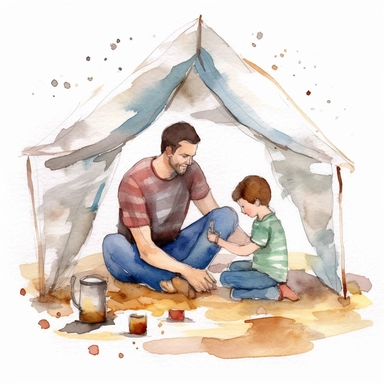 Father and child building a fort or playing in a blanket fort, water color style, clipart, white background