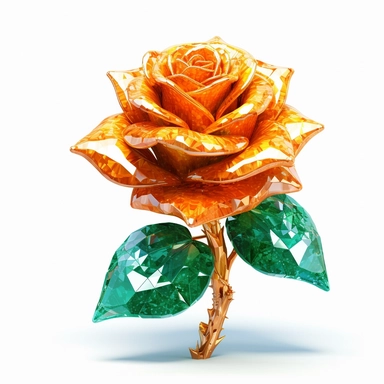 clipart of a realistic rendering of an orange rose made out of pure diamond and emerald on a white background, in the style of extremely detailed, mineral, expensive, 8k