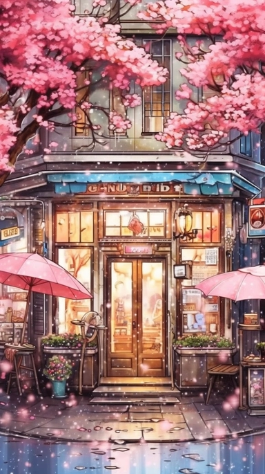 Very very cute and Whimsical quirky Jazzy coffee shop, building corner, cherry tree blossom, Raining colorful, Watercolored illustration in the style of Michael Powell, clipart, city vibe background - 8K