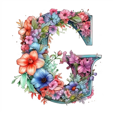 Beautiful Pastel Vintage Flower Alphabet Letter  G  Watercolor and ink Clipart, Cartoon, hyper-realistic, high contrast, intricate detail, illustration style, high solution on the white background