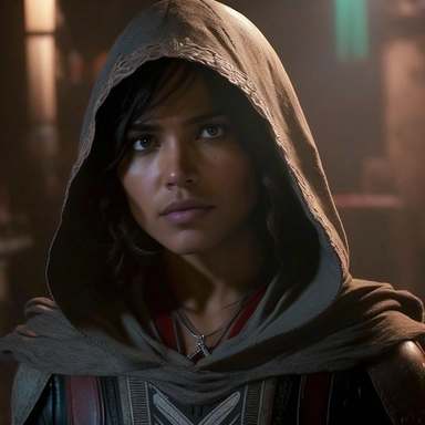 620803072697757697 in's Creed Aztec, in's Creed Aztec movie, movie clips, the character is a young Hispanic woman, beaful, she wears an in's Creed style hood with eagles on her shoulders, in's Creed logo tattoo, background is Tenochlan, night, torch lit city, clear skiing