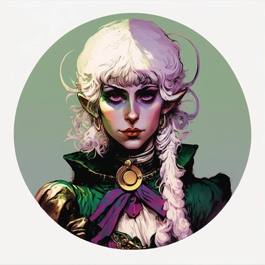 regency female elf elven noble guild merchant politician, Josh Kirby Mad Max Lord of the Rings, handpainted enamel punk zine indie retrowave, clipart illustration character portrait, circle white background