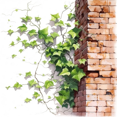 watercolor, hyper realistic, white background, white margins, 16k, ultra detailed clipart, cut out image, hand-drawn, whimsical manhwa style, ultra HD, sharp and clean art a graceful ivy vine climbing up the side of a brick wall, with rich green leaves and tendrils curling around the edges
