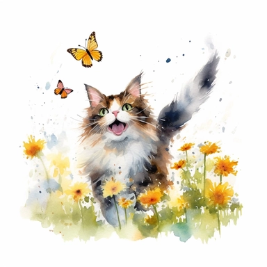 Playful domestic medium hair cat chasing butterflies in a sunlit garden, its tail wagging with excitement, capturing its joyful and lively spirit, white background, watercolor clipart